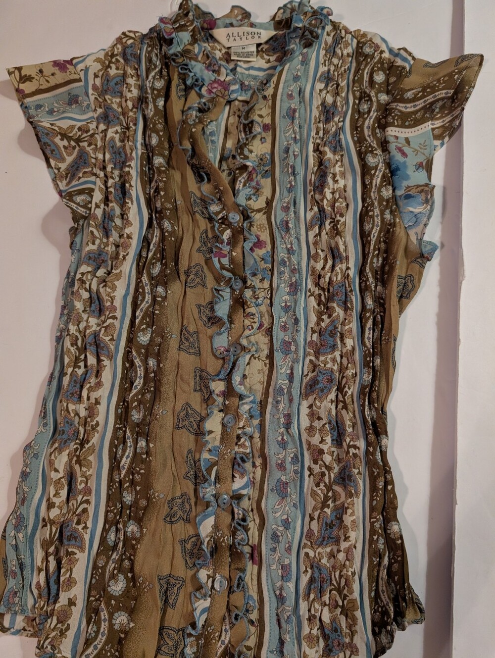 Allison Taylor Ruffled Button-Front Floral Stripe Blouse - Blue & Brown Sz Mediu